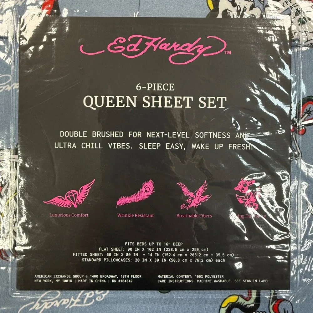 Ed Hardy Queen Sheet Set 6 Piece Blue Tattoo Print Skulls Dagger New‎